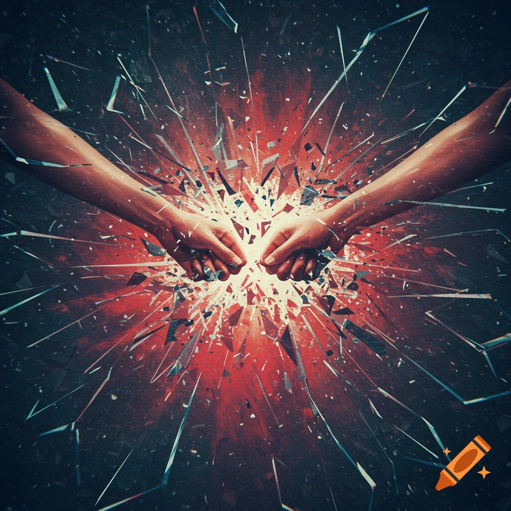 Two hands reaching towards each other with a burst of red light and shattering glass between them.