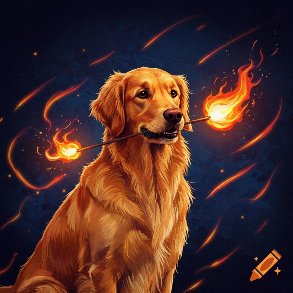 A Golden Retriever dog holding a flaming stick in its mouth against a dark background.