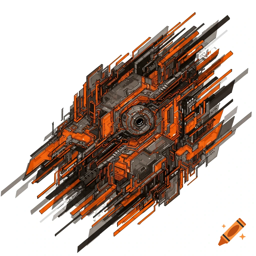 Complex abstract technological structure in orange, black, and grey on a white background.