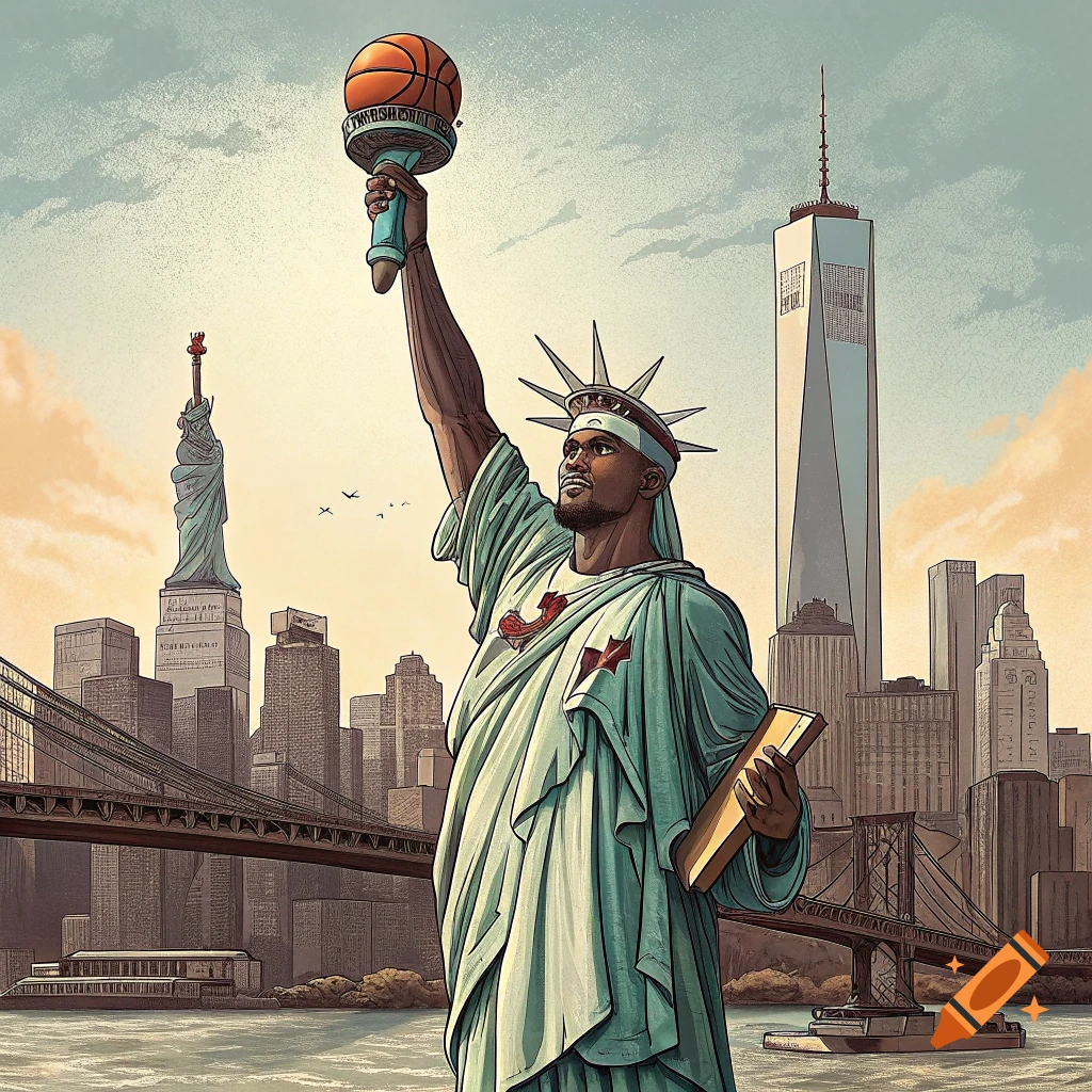 Lebron James depicted as the Statue of Liberty holding a basketball torch, with the NYC skyline behind him.