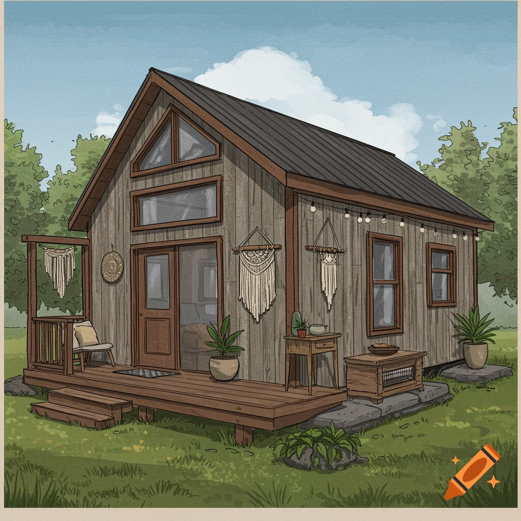 A rustic boho tiny house with a deck and macrame decor