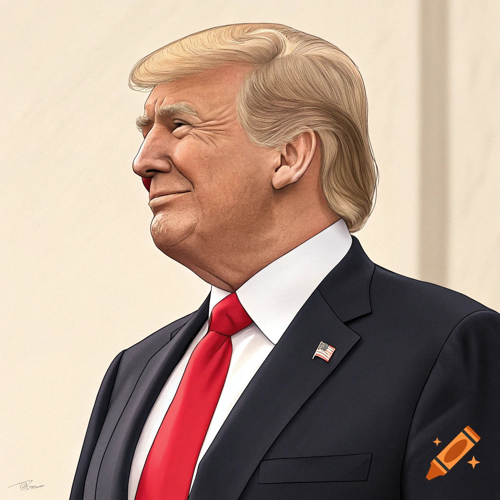 Illustration of Donald Trump wearing a dark suit and red tie, looking left.