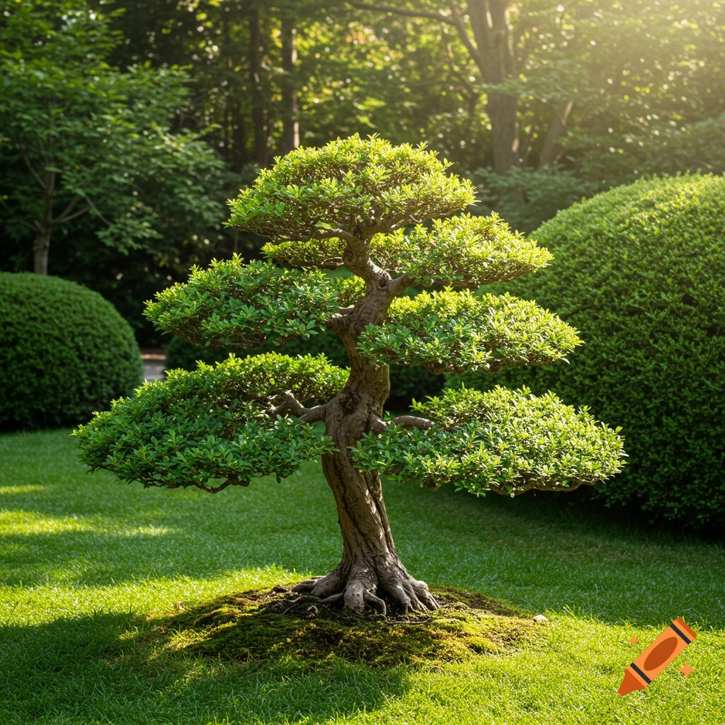 A beautiful bonsai tree sits in a sunny garden surrounded by green grass and bushes.