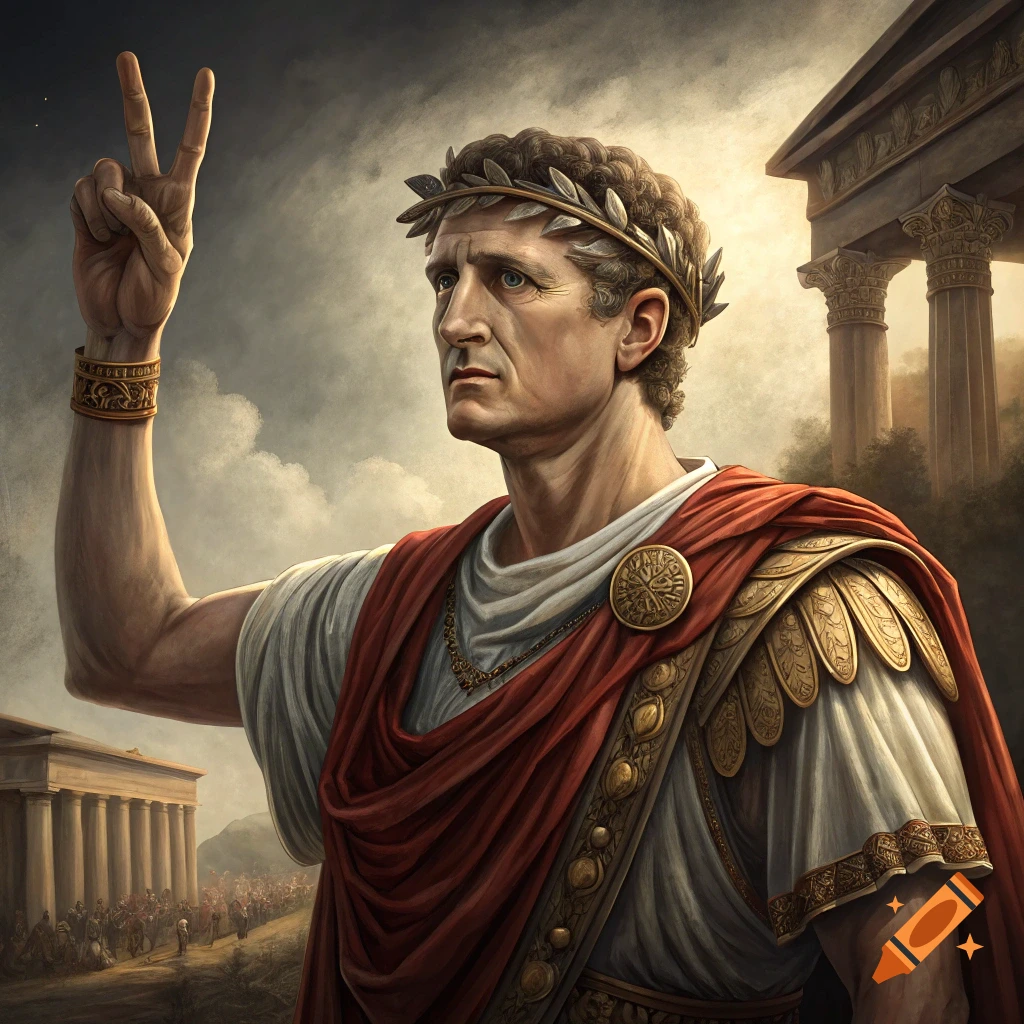 A painting of Augustus Caesar in Roman attire, wearing a laurel wreath and holding up a peace sign.
