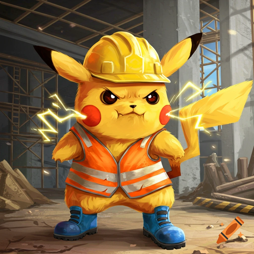 Angry Pikachu in construction gear sparks electricity at a construction site.