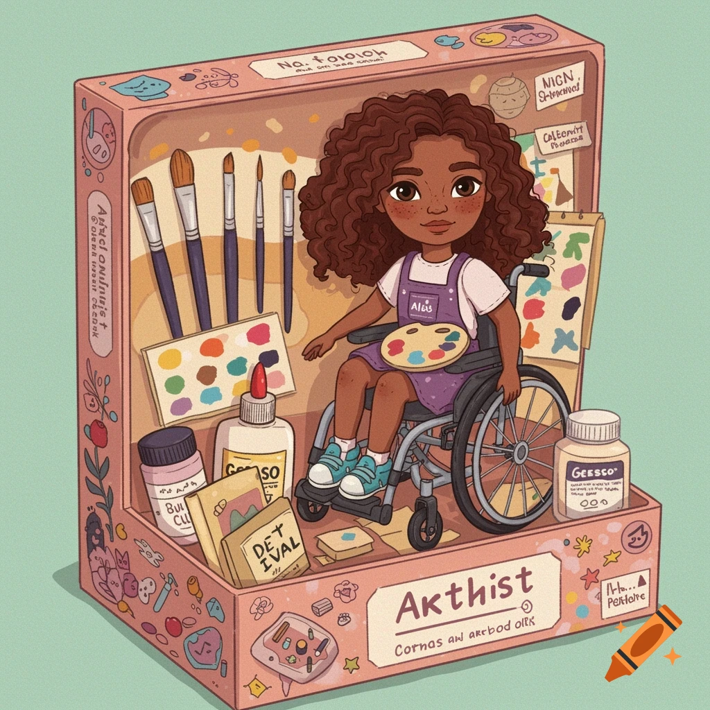 Illustration of an artist doll in a wheelchair inside a box with paintbrushes, glue, gesso, and other art supplies.