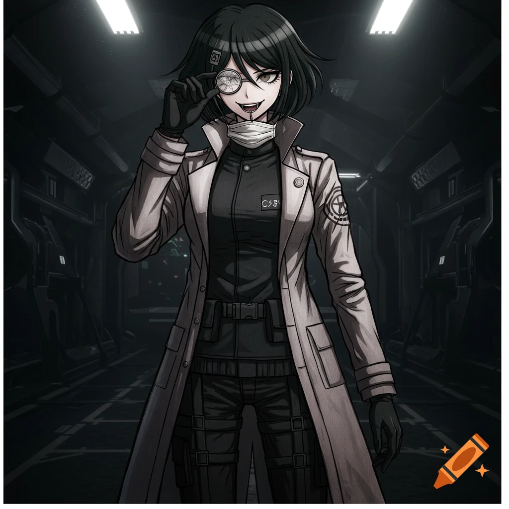 Anime-style character in a lab coat and tactical gear, holding a cracked monocle, standing in a dark corridor.