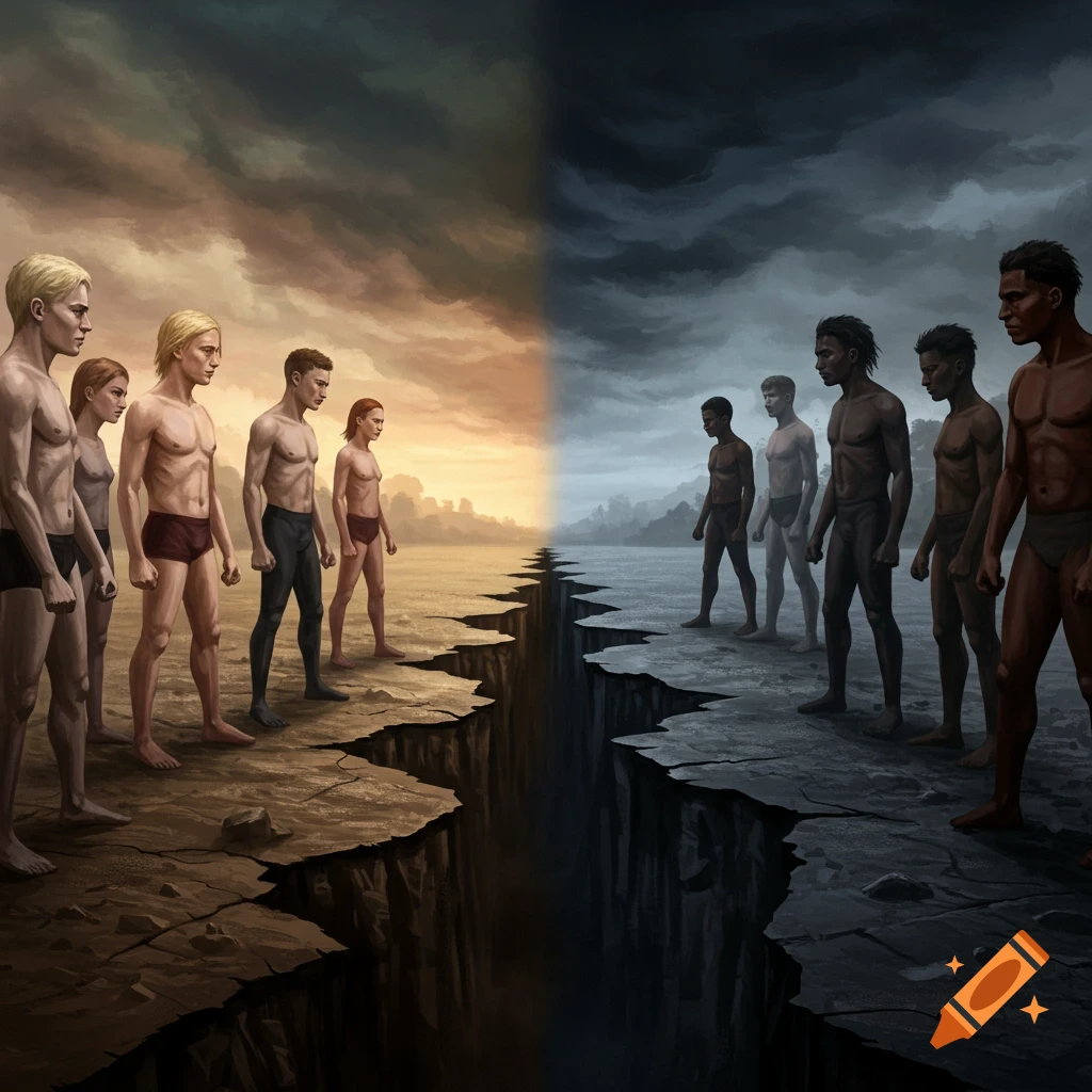 Two groups of people are shown on opposite sides of a chasm, symbolizing social polarization.