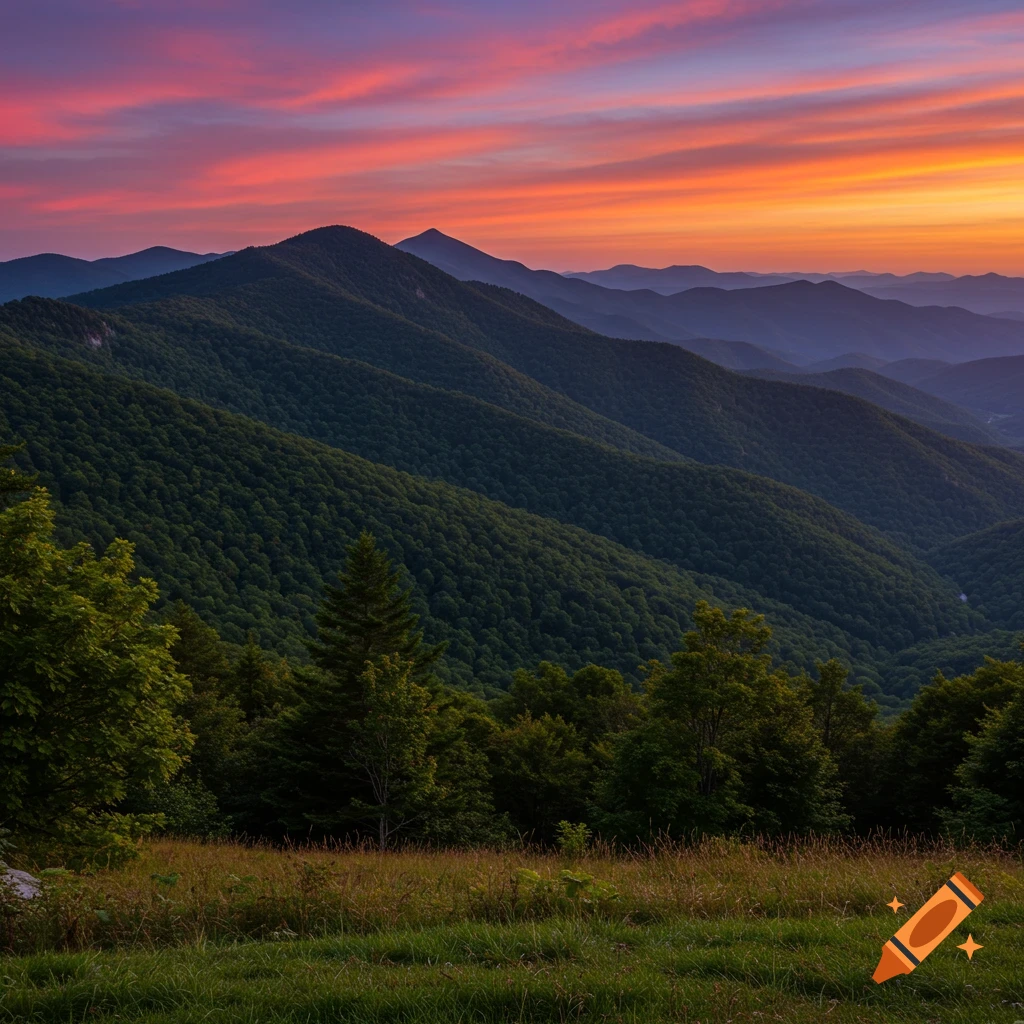 Blue Ridge Mountains at sunset with a colorful sky.