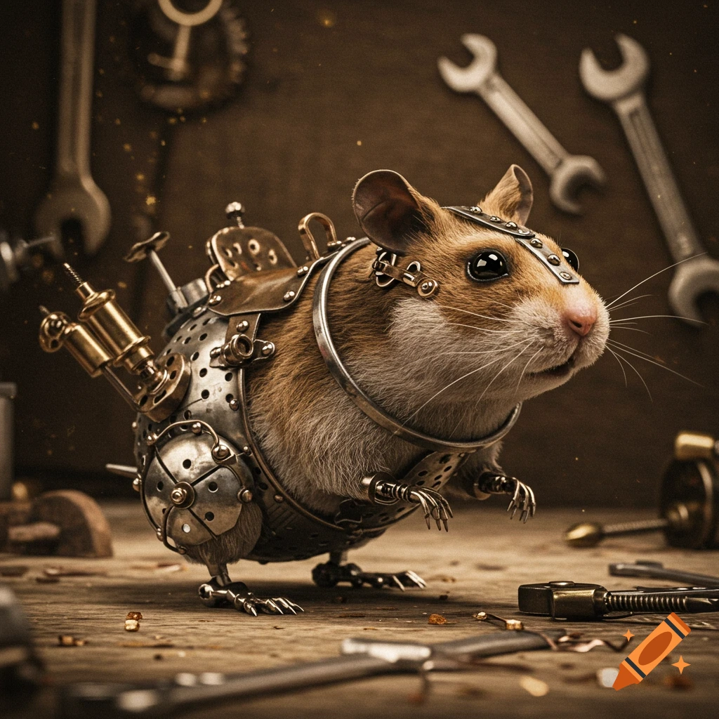 A hamster wearing intricate steampunk armor stands on a wooden workbench surrounded by tools.