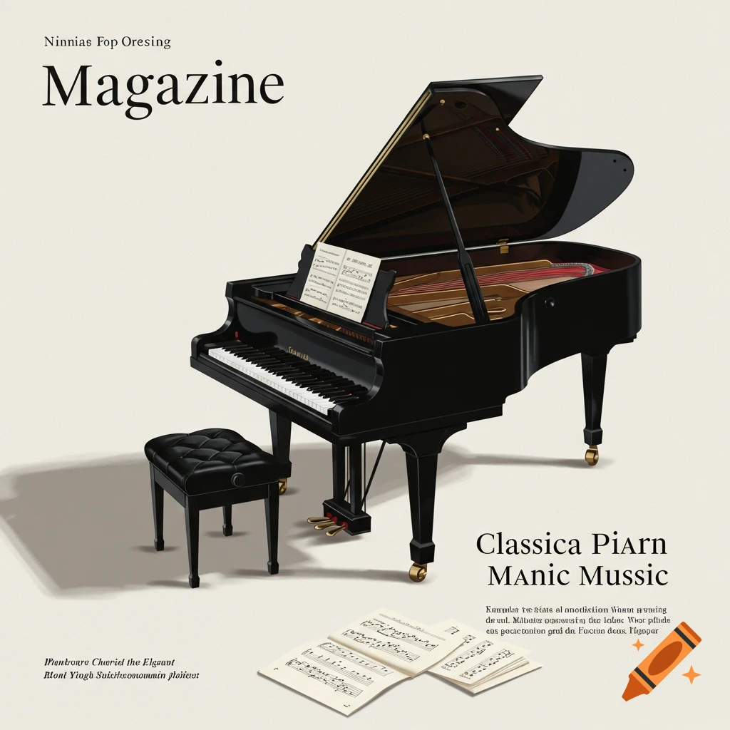 A black grand piano, bench, and sheet music are arranged like a magazine cover.