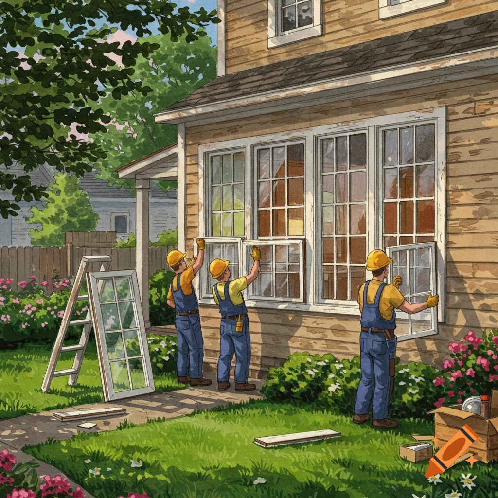 Three workers install new windows on a house with a ladder and flowers in the yard.