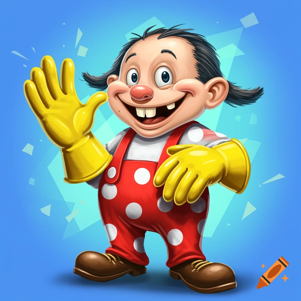 Smiling cartoon character in red polka dot overalls and yellow gloves.