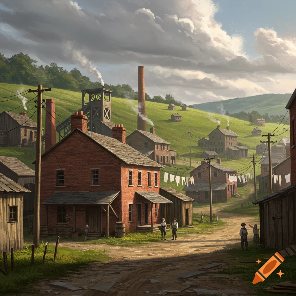 A historical mining village with brick buildings, clotheslines, and industrial structures on a hillside.