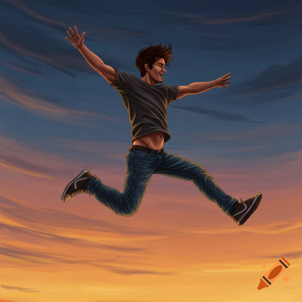 A man jumping in the air against a colorful sunset sky with his arms outstretched.