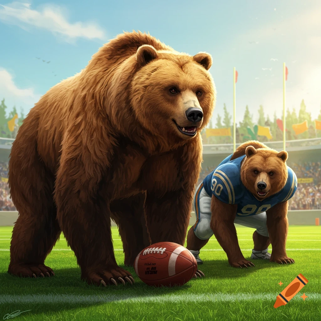 A large and a smaller brown bear, dressed in football uniforms, prepare to hike a football on a stadium field.
