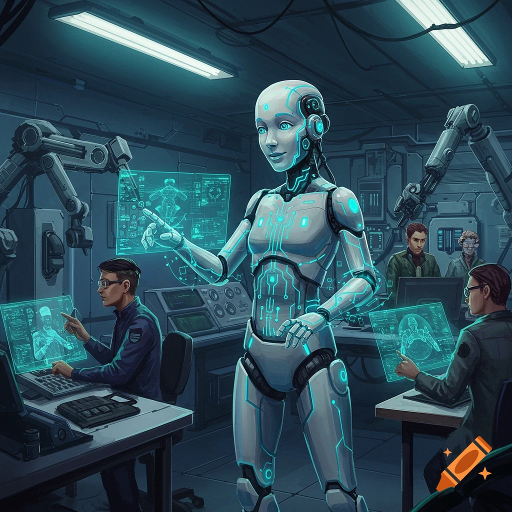 A robot and scientists in a lab interacting with glowing screens and machinery.