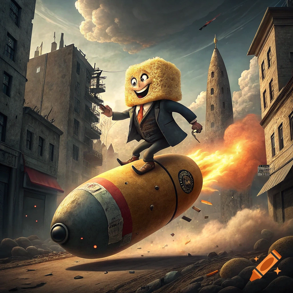 A cartoon twinkie character in a suit rides a bomb like a rocket through a city street with fire and smoke.