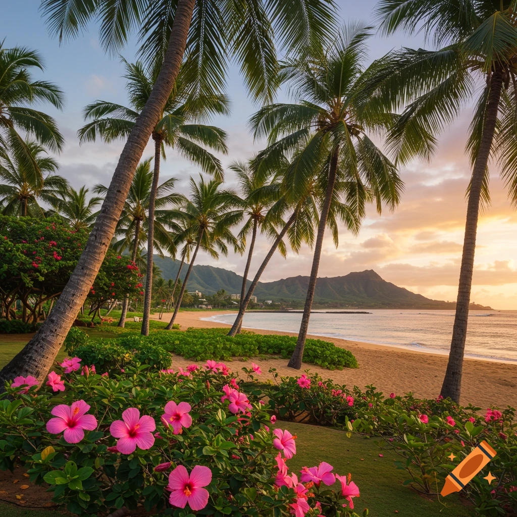 Tropical beach with palm trees, pink flowers, mountains, and sunset.