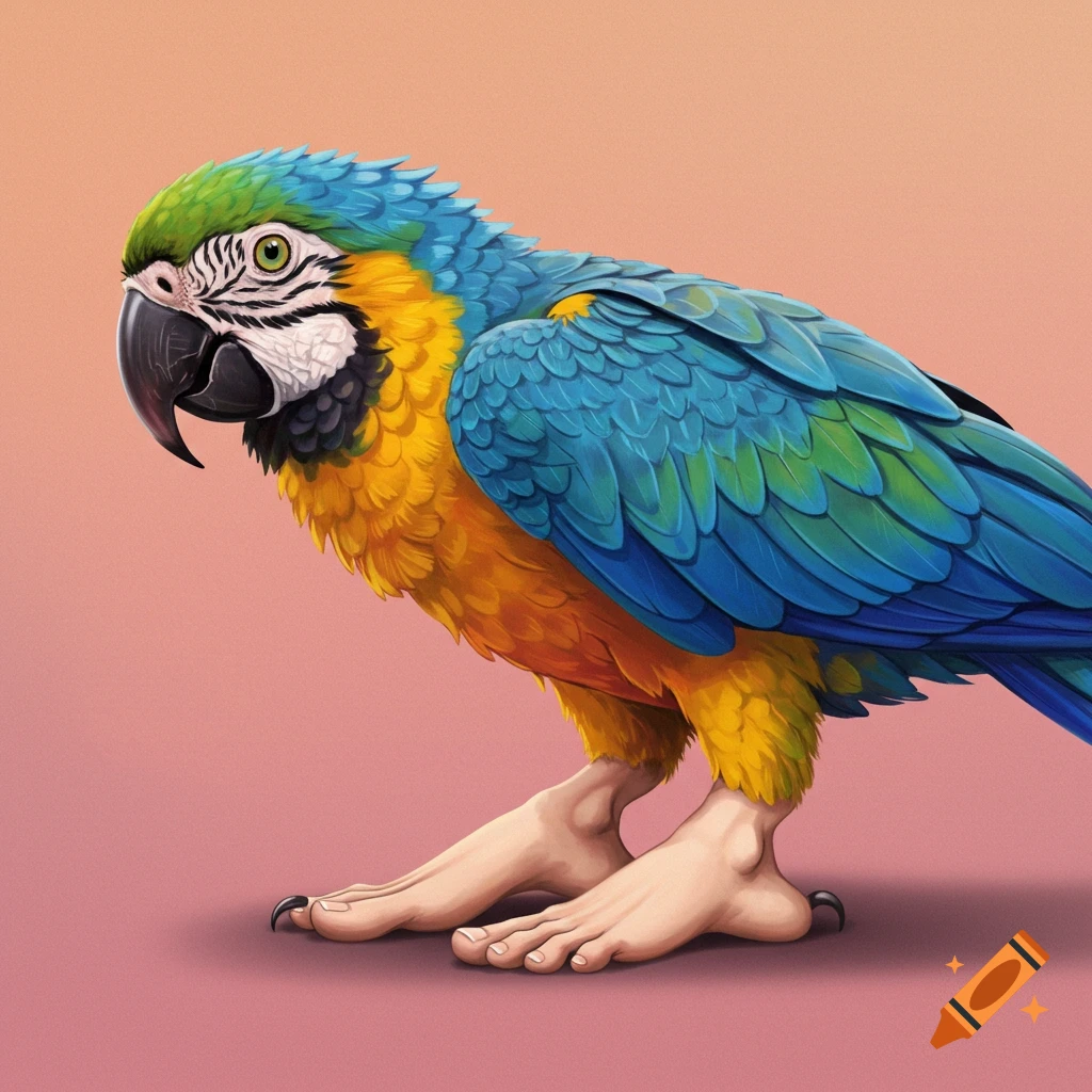 A blue and yellow macaw with human feet.