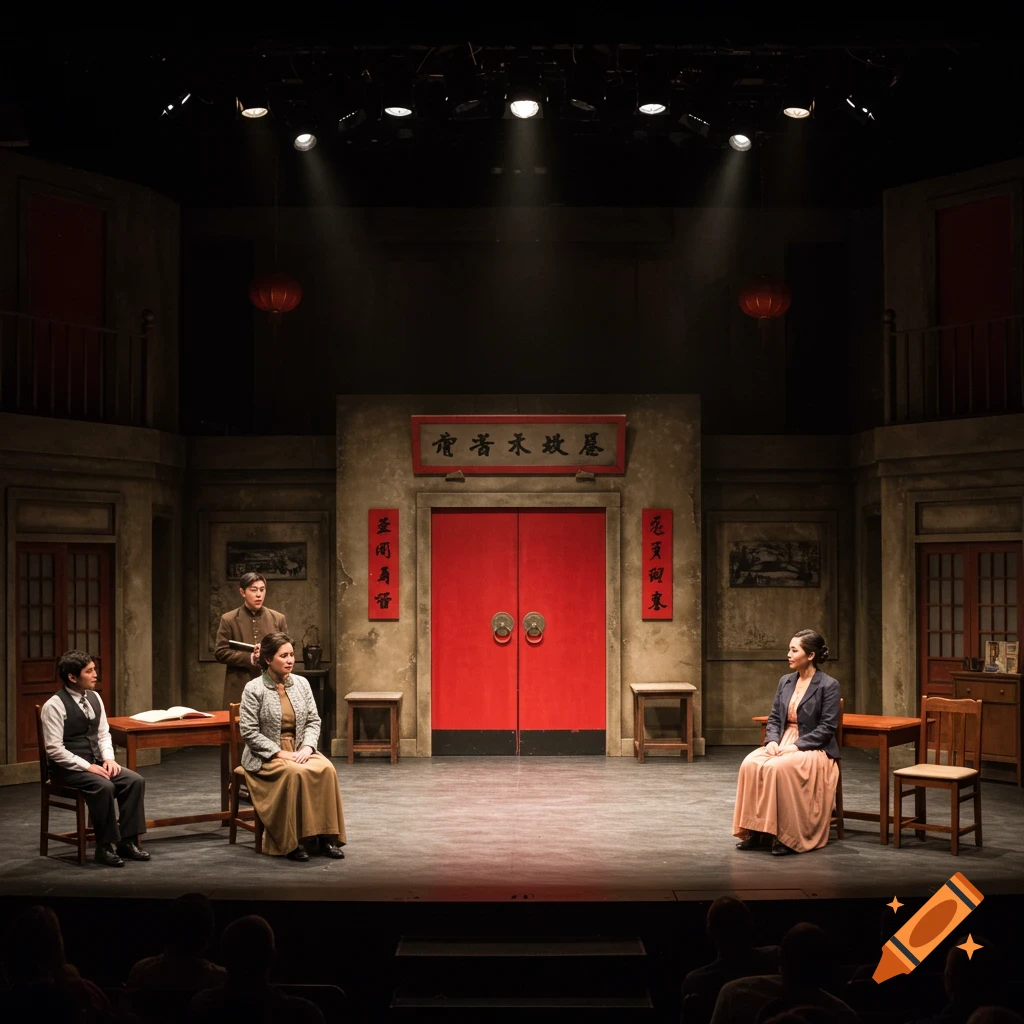 A theatrical stage set with three actors and traditional red doors with Chinese characters on signs and banners.