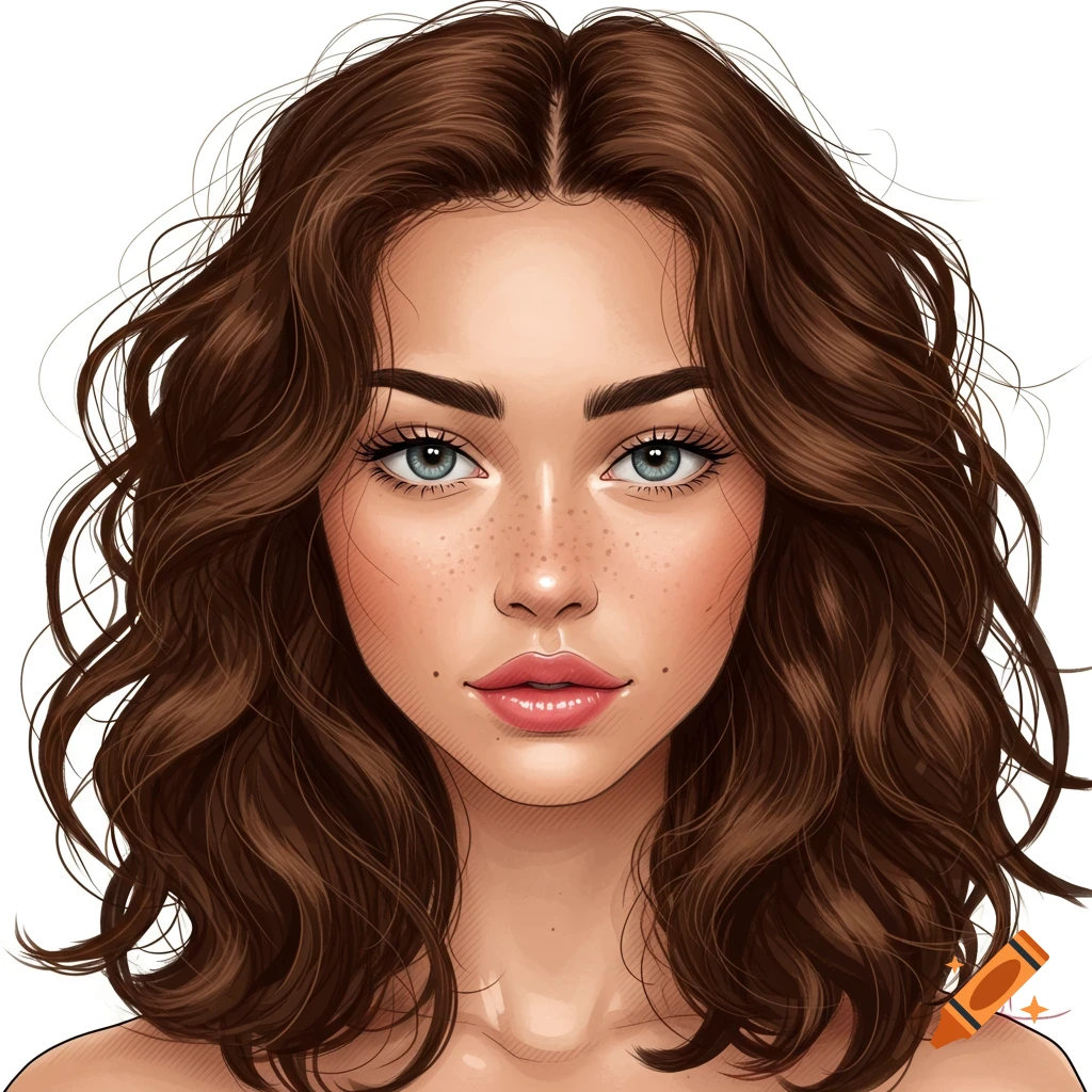 A stylized portrait of a woman with brown curly hair, blue eyes, and freckles.