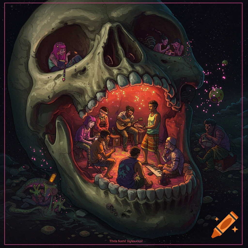 A large skull with people inside playing music in a surreal, cosmic setting.