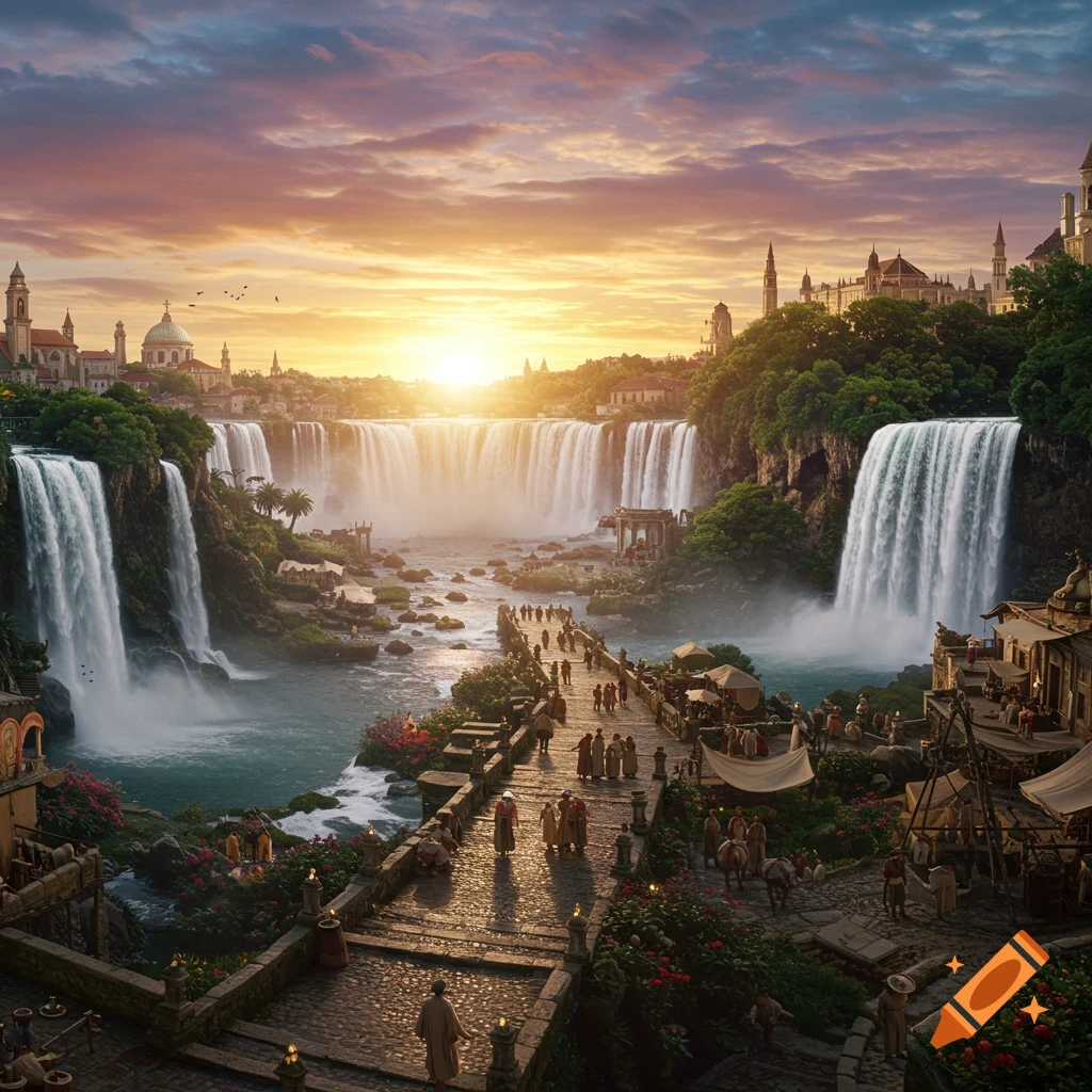 Panoramic view of a grand fantasy city with large waterfalls and a bridge of people at sunset.