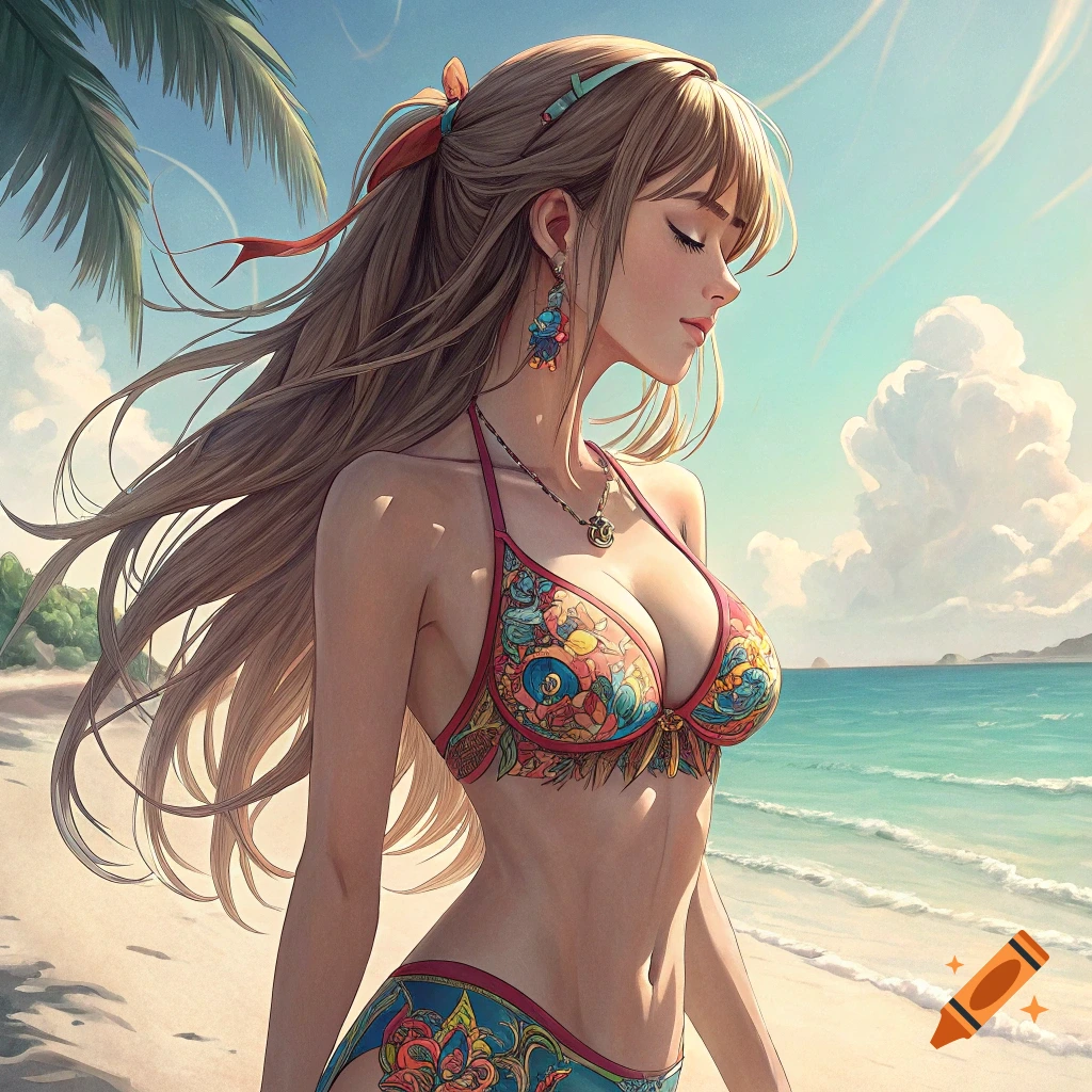 Anime woman in a colorful bikini standing on a beach