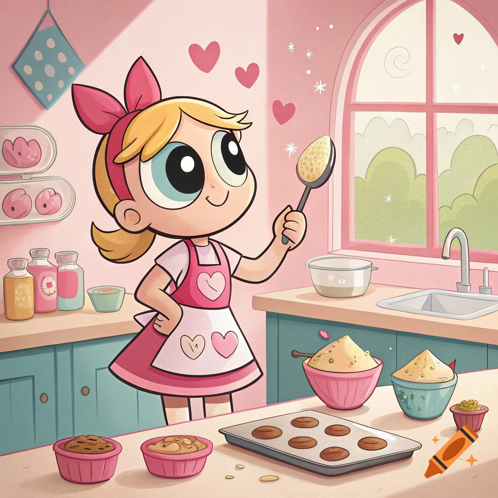 Cartoon girl with big eyes in a pink apron baking cookies in a kitchen.