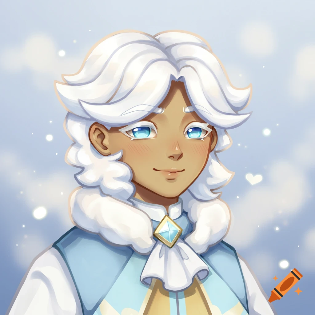 Illustrated portrait of a character with white fluffy hair, blue eyes, and a blue and white outfit against a cloudy background.