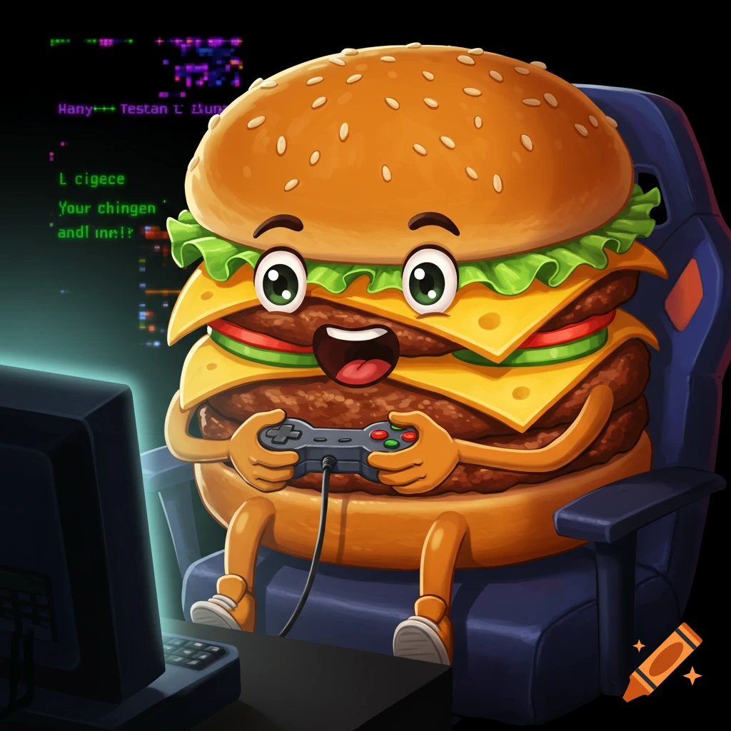A cartoon cheeseburger playing video games on a computer in a gaming chair.