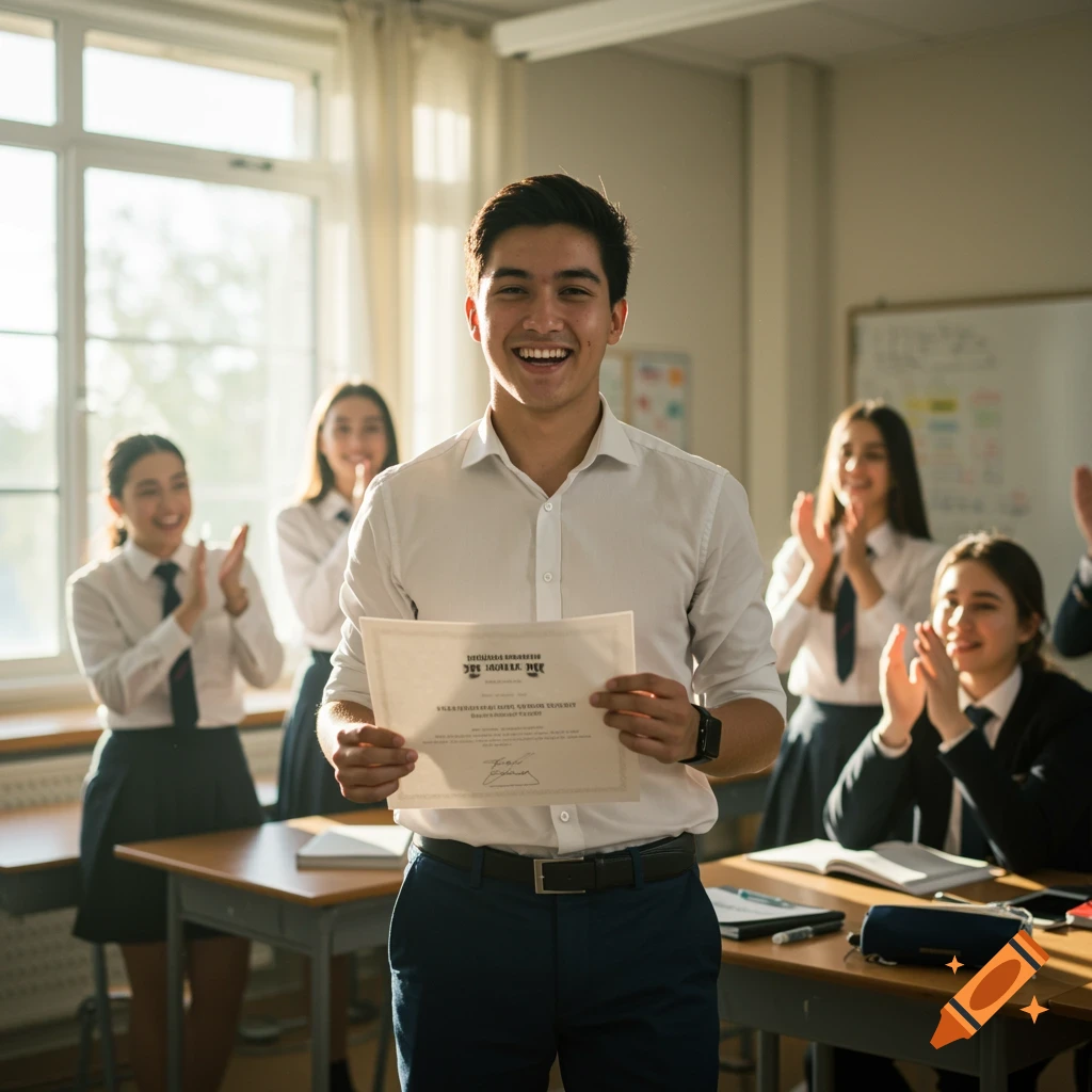 Young man holds a certificate in a classroom with cheering students.