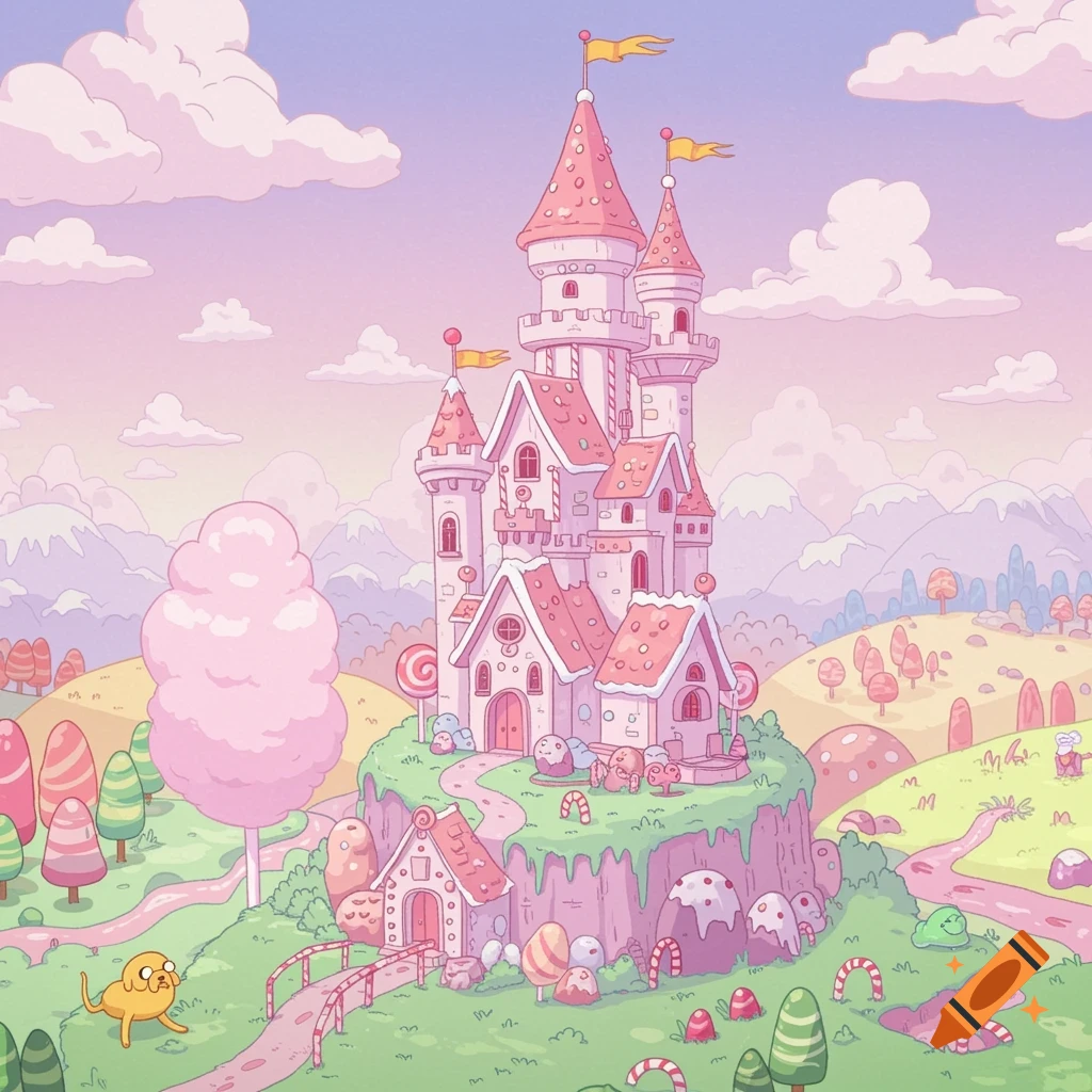 Cartoon landscape with a candy castle, trees, and a yellow dog character