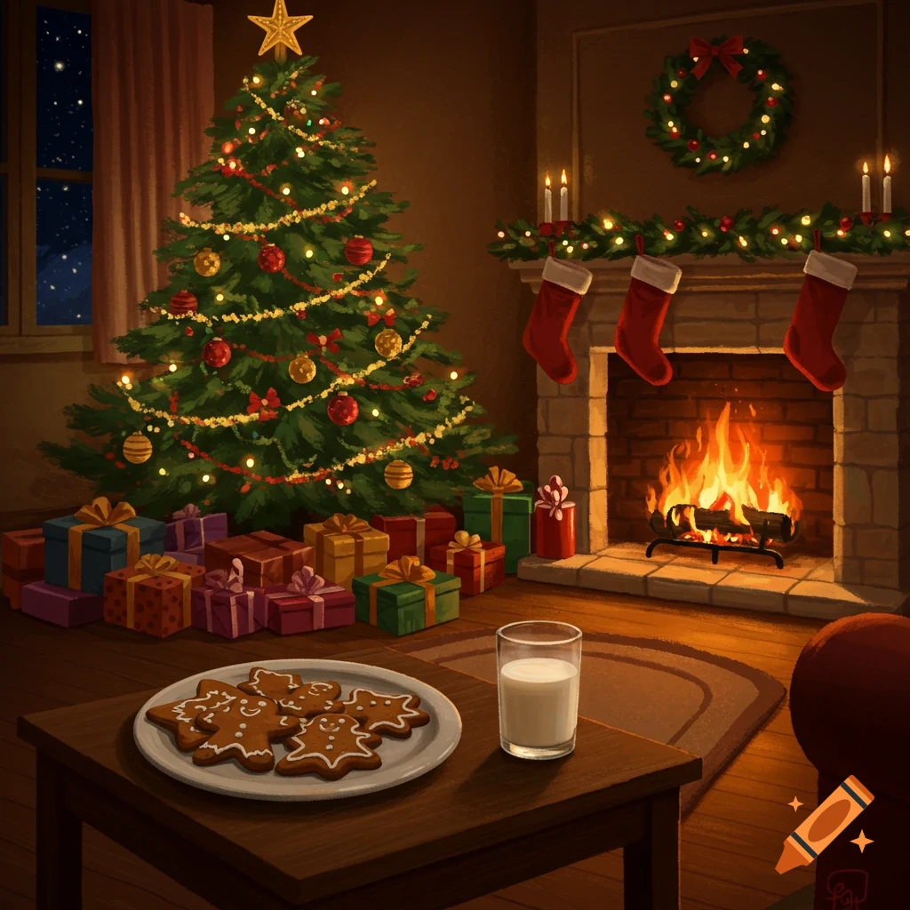 A cozy Christmas scene with a tree, fireplace, gifts, and cookies for Santa.