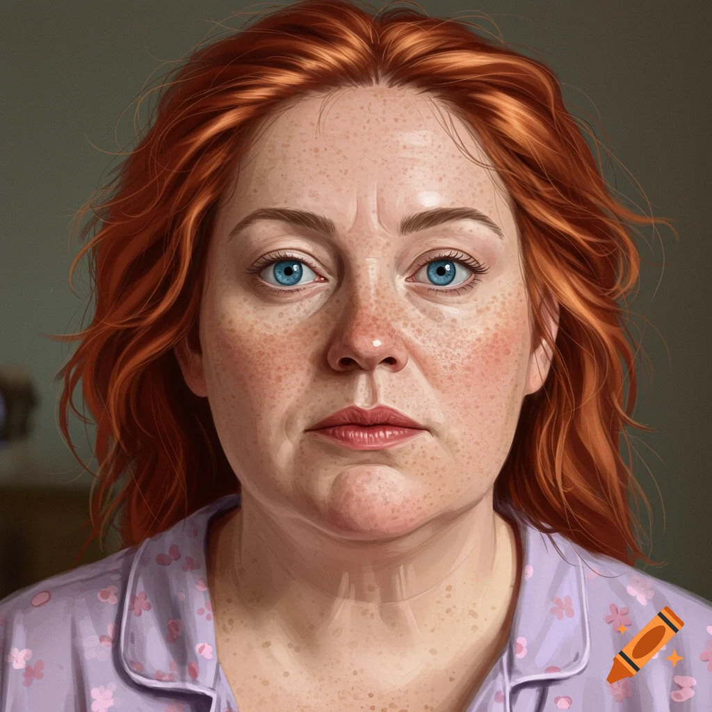 Portrait of a woman with red hair, blue eyes, and many freckles, wearing purple pajamas.