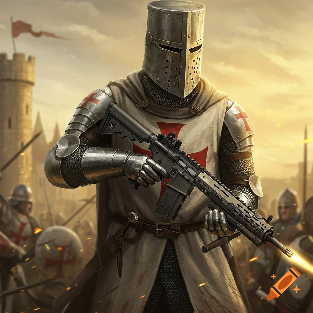 A crusader in armor holding a modern rifle during a battle.