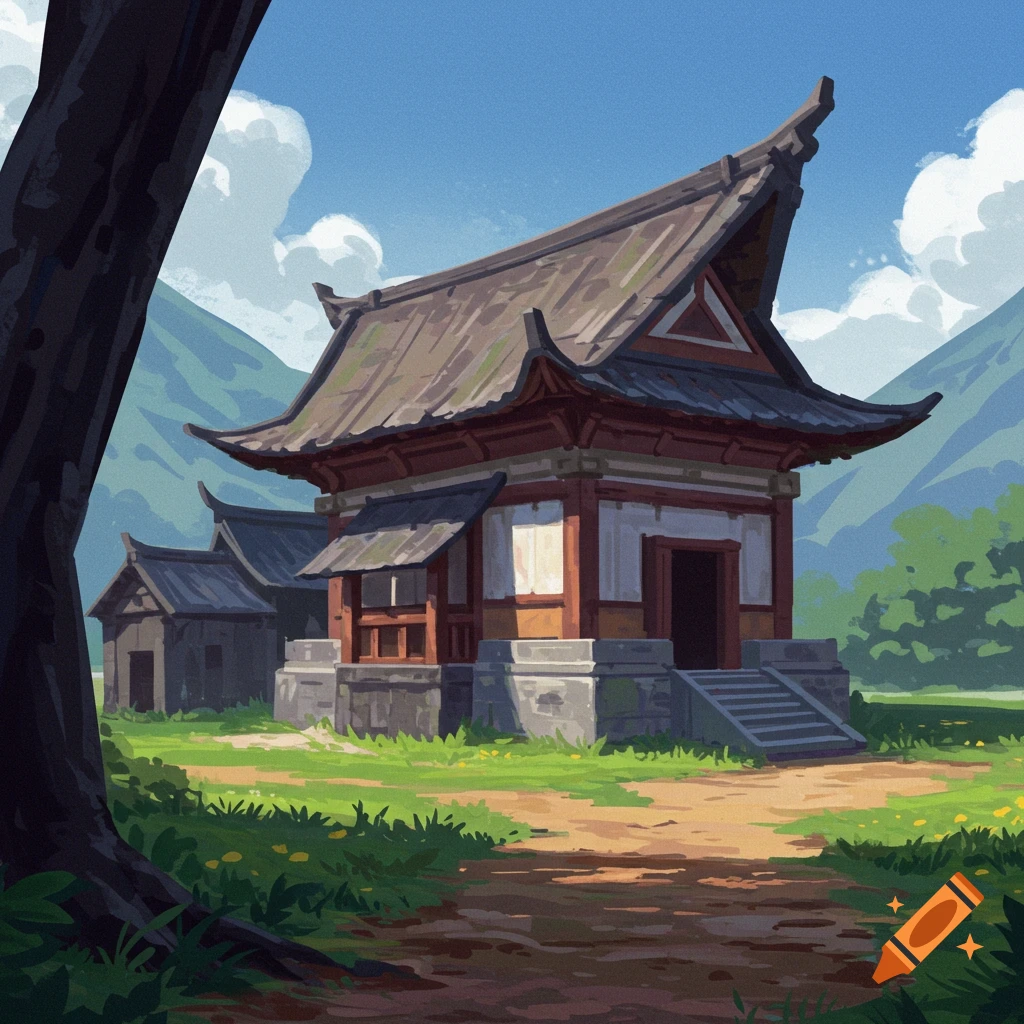 An old temple in a grassy field with mountains