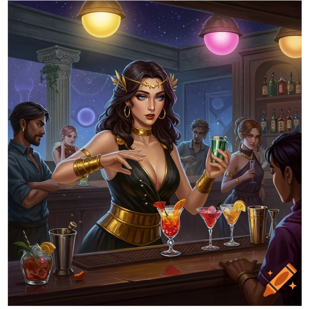 A goddess-like woman in a black and gold dress serving drinks at a bar.