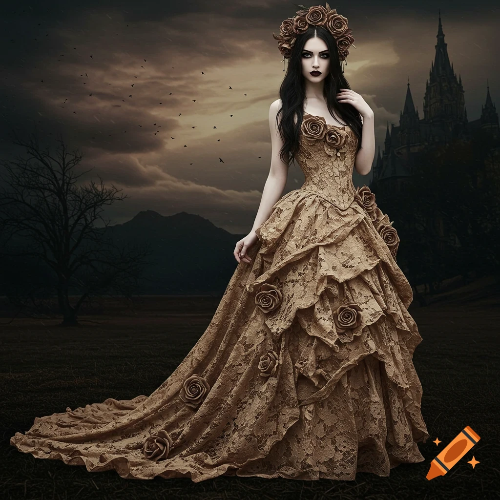 A gothic woman in a tan lace dress and rose headpiece stands in a dark, moody landscape.