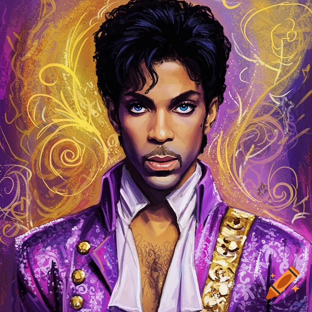Portrait of musician Prince in a purple jacket against a swirling gold and purple background.