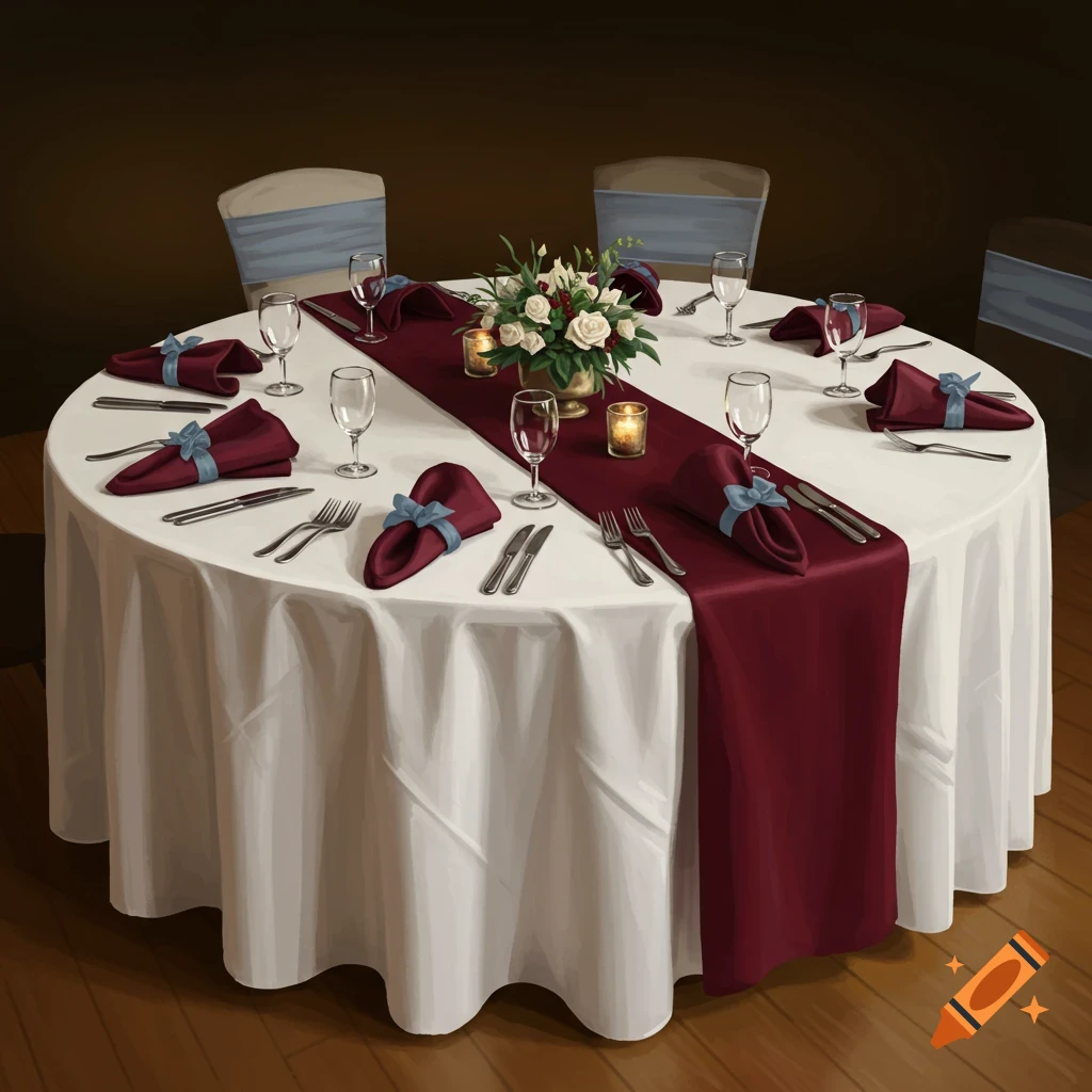 A round table set for dinner with white tablecloth, burgundy runner, napkins, glasses, and cutlery.