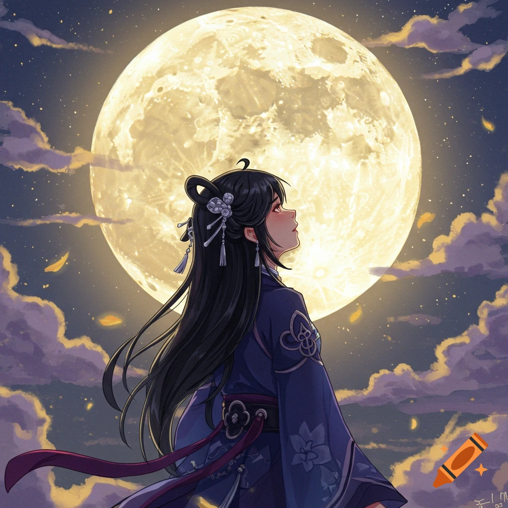 Anime illustration of a woman in traditional clothes looking up at a large full moon in a night sky.