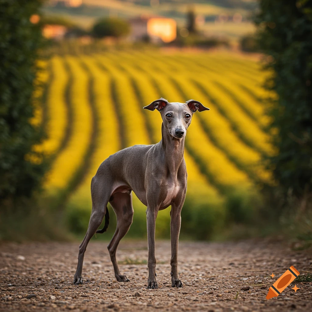 An Italian greyhound stands on a dirt path in front of a field with yellow crops arranged in rows.
