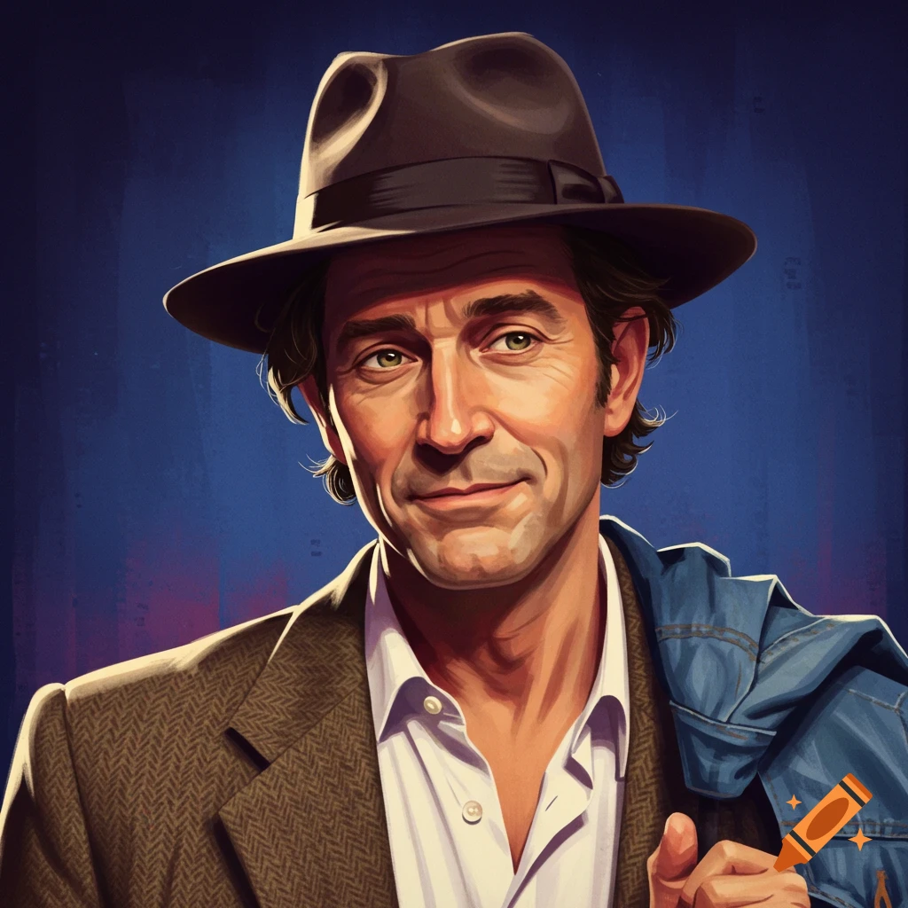 A man in a hat with a jacket over his shoulder.