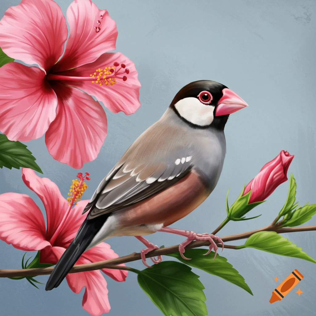 Java Sparrow bird on a branch with pink hibiscus flowers.