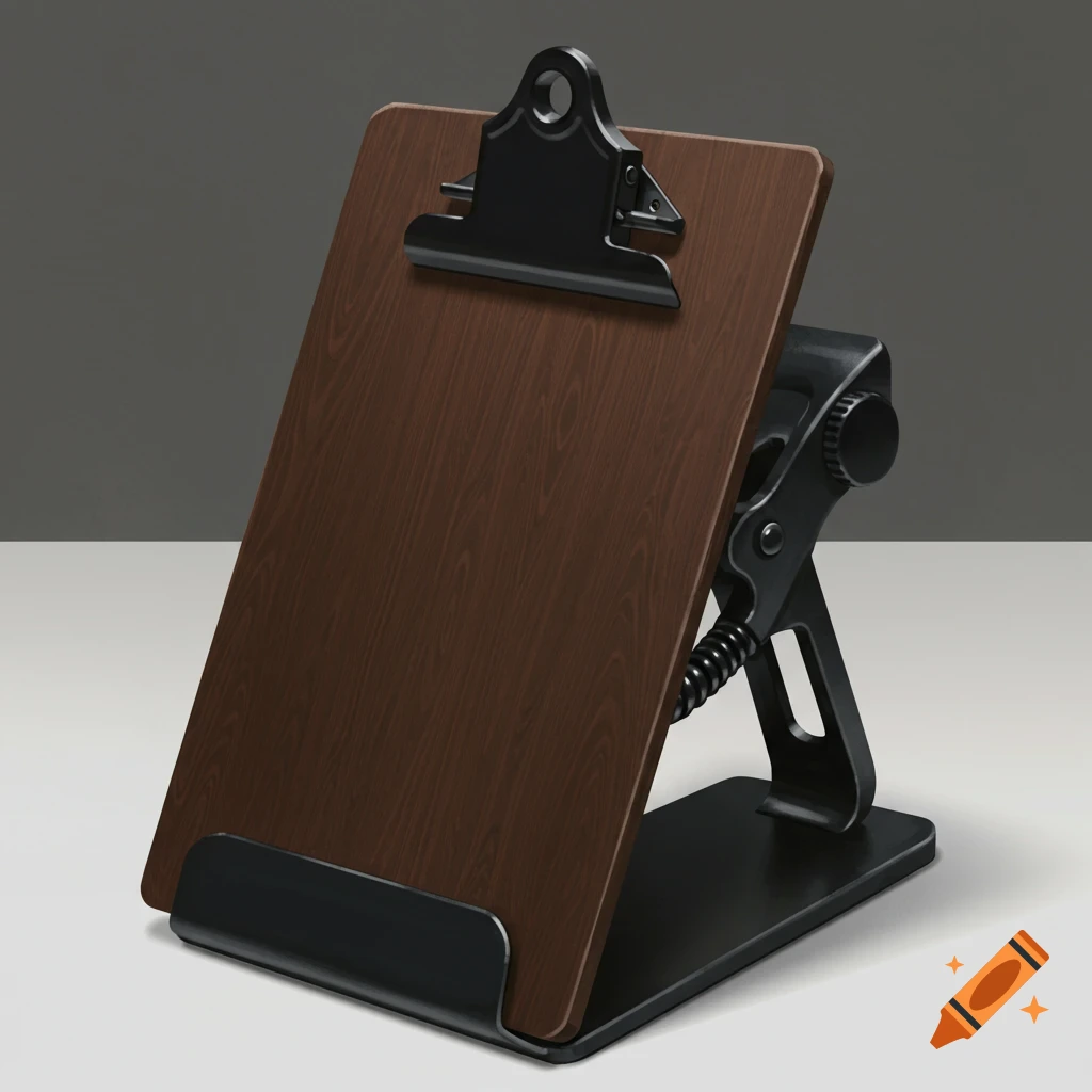 A brown wooden clipboard on a black stand.