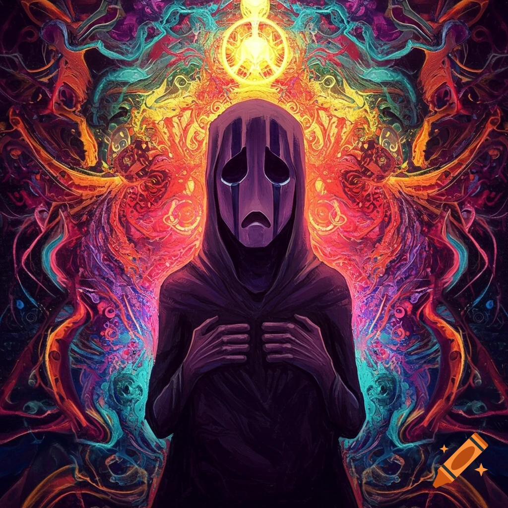 A figure in a hood and mask with a sad expression, surrounded by vibrant, swirling psychedelic colors.