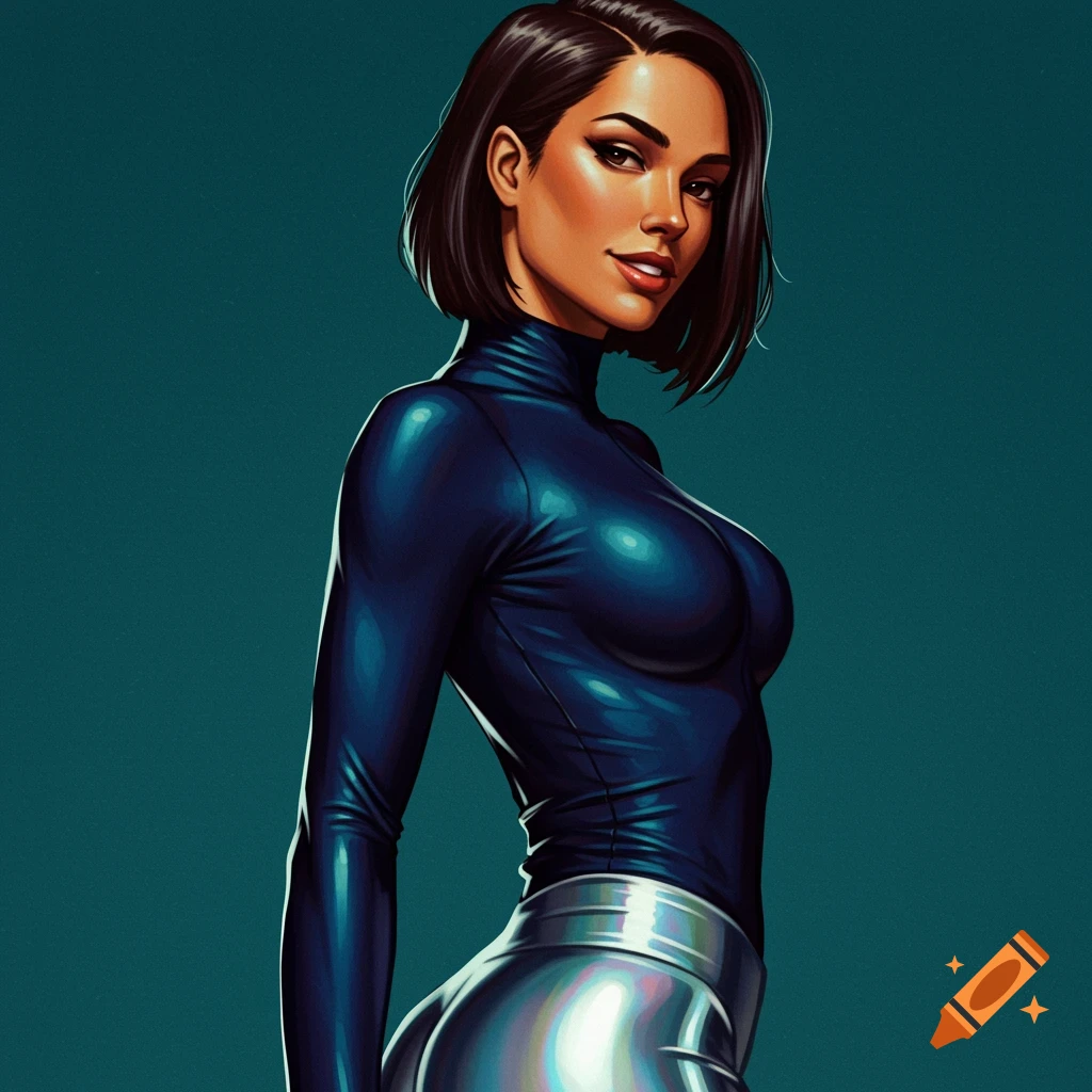 A woman with short hair in a blue racing shirt and silver leggings against a teal background.