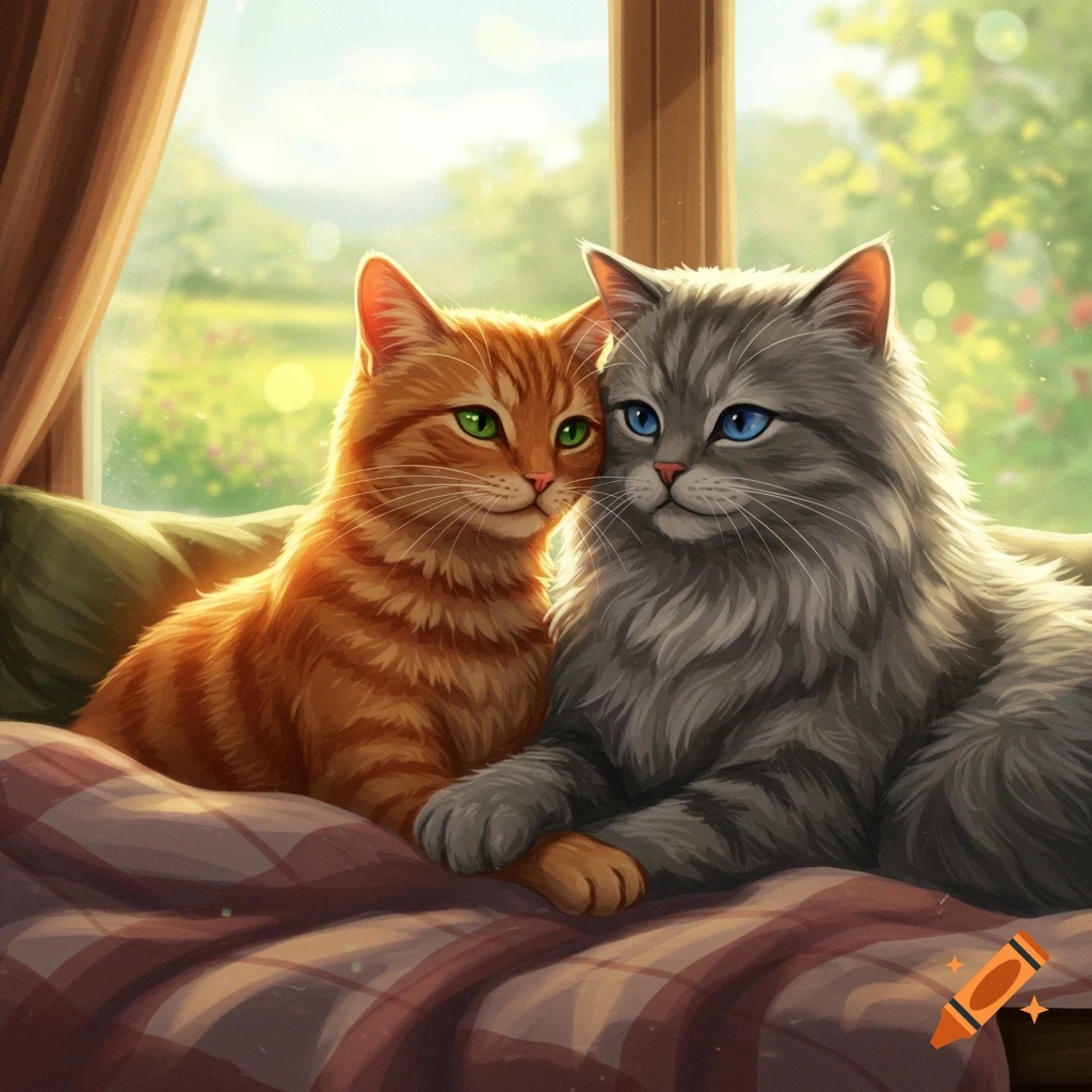 Two cats, one orange and one grey, sitting together by a window.